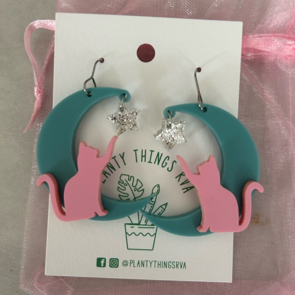 Crescent Moon Cat Star Large BIG Acrylic Dangle Statement Earrings